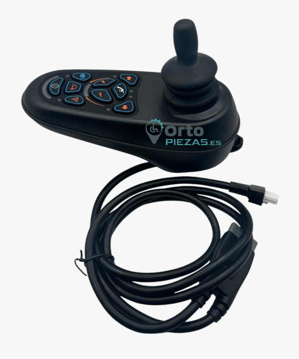 Mando VR2 Quickie montado en el reposabrazos de una silla de ruedas eléctrica.